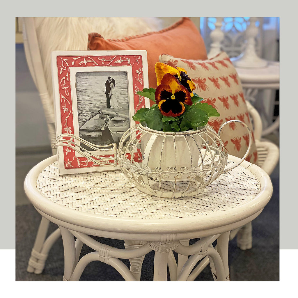 Just arrived... cute antique white metal teapot planter Poppy's Home