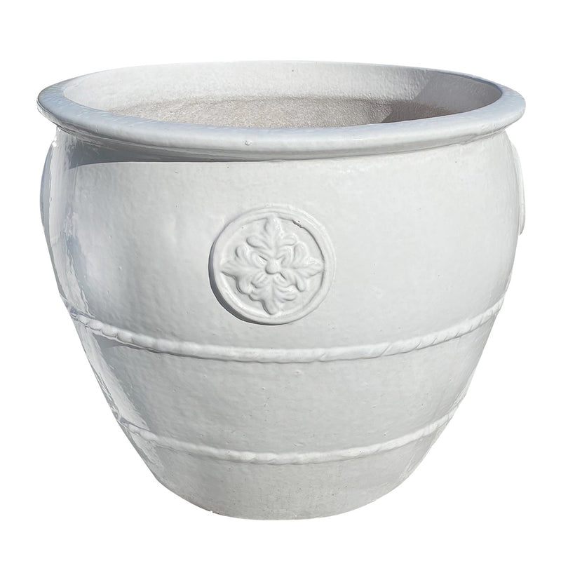 White Ceramic Pot with Emblem 