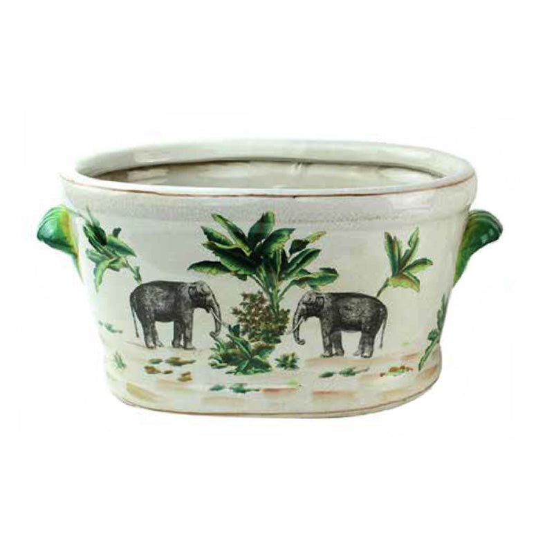 Le Raj Elephant Oval Ceramic Pot with Handles