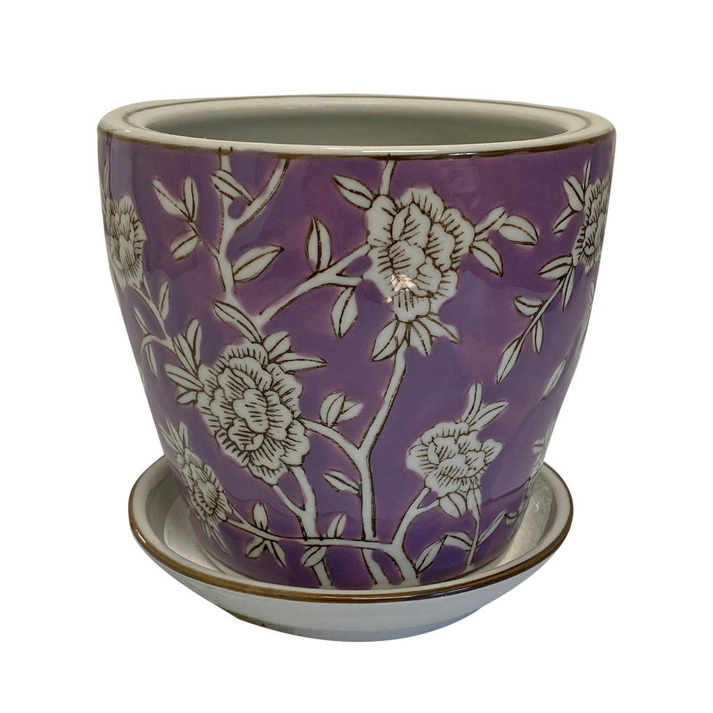 Lilac and Roses Round Ceramic Pot with Saucer