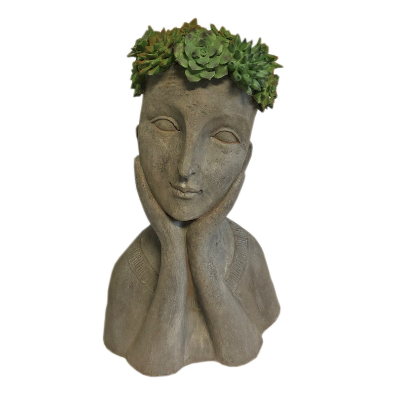 Girl Head Planter with Green Flower Crown Leaning Right