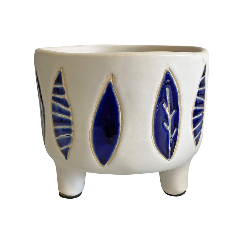 Hoja Ceramic Footed Pot White and Blue